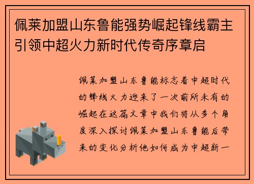 佩莱加盟山东鲁能强势崛起锋线霸主引领中超火力新时代传奇序章启